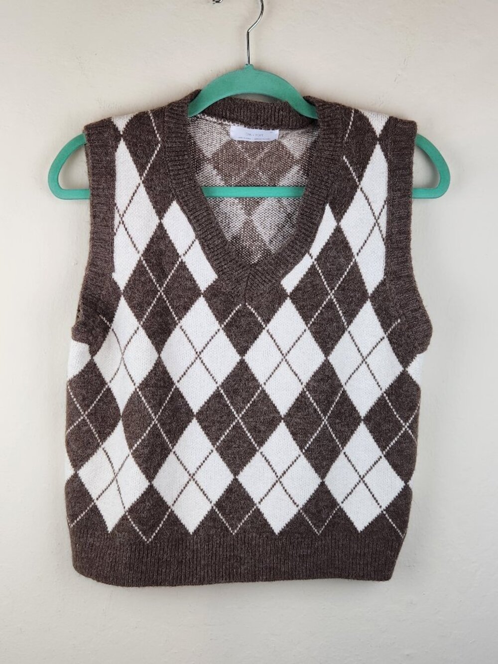 Oak + Fort Argyle Plaid Knit V-Neck Sweater Vest sz S